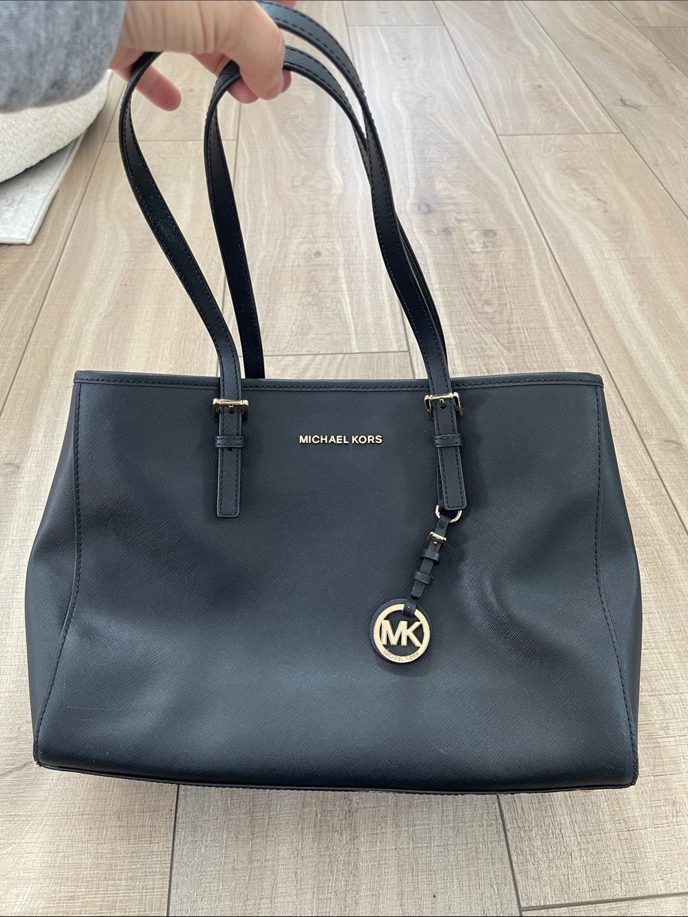 Michael Kors Black Leather Double-Handle Tote with Gold MK Charm